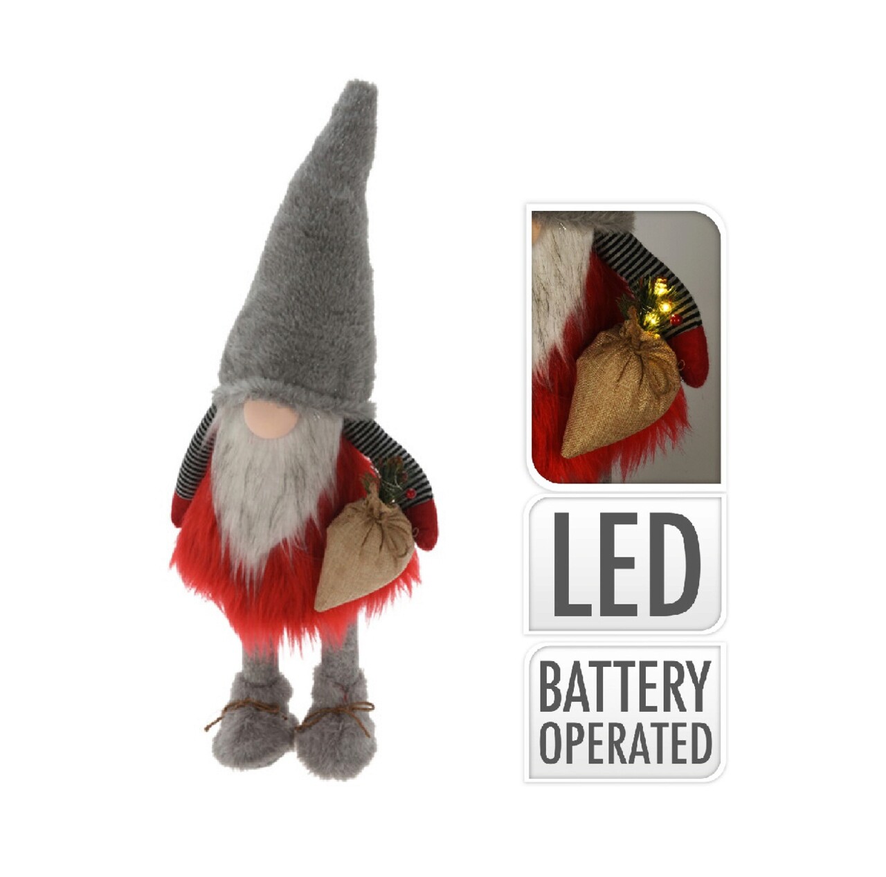 Decoratiune luminoasa Gnome w grey hat, 26x26x65 cm, plus, rosu/gri - imagine 3